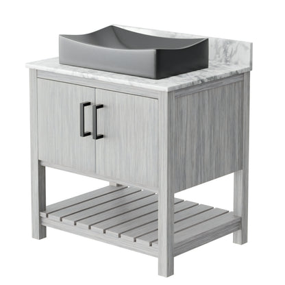 30-inch Novatto bath vanity with Carrara white marble countertop and sink, showcasing elegant bathroom accessory design.