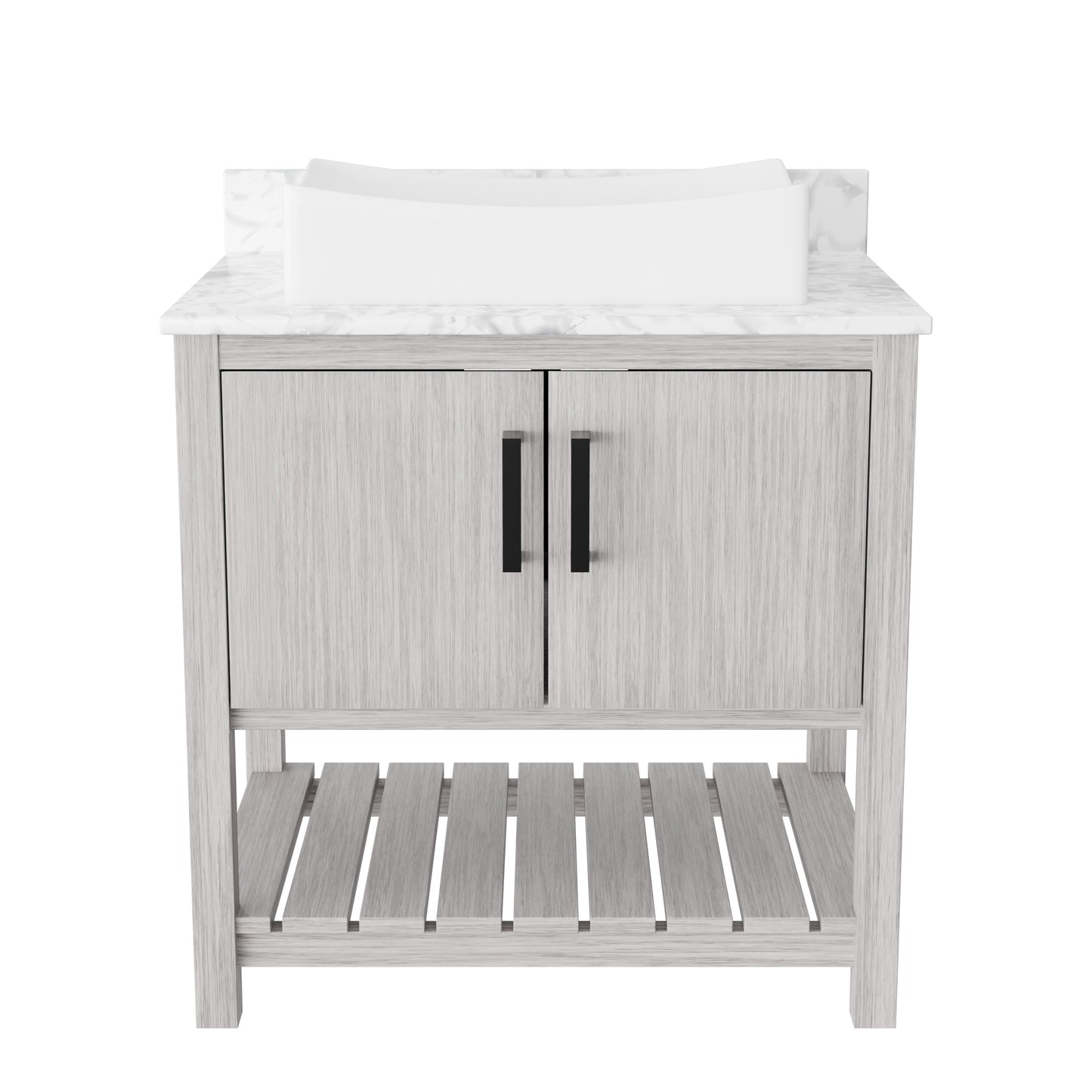 Novatto 30-inch bath vanity with Carrara white marble countertop and sink, modern bathroom accessory with elegant stone surface.