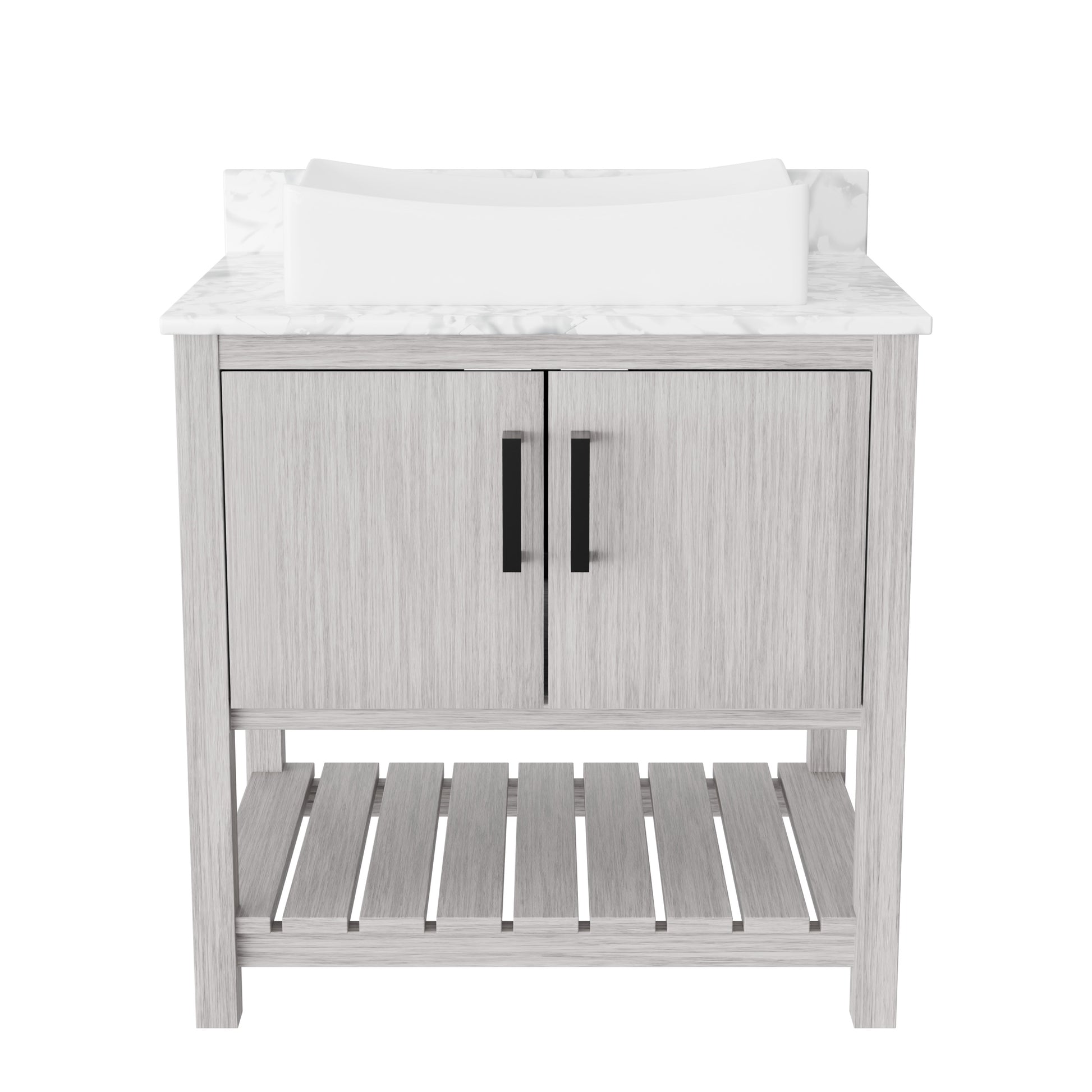 Novatto 30-inch bath vanity with Carrara white marble countertop and sink, modern bathroom accessory with elegant stone surface.