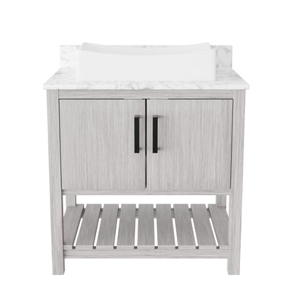 Novatto 30-inch bath vanity with Carrara white marble countertop and sink, modern bathroom accessory with elegant stone surface.