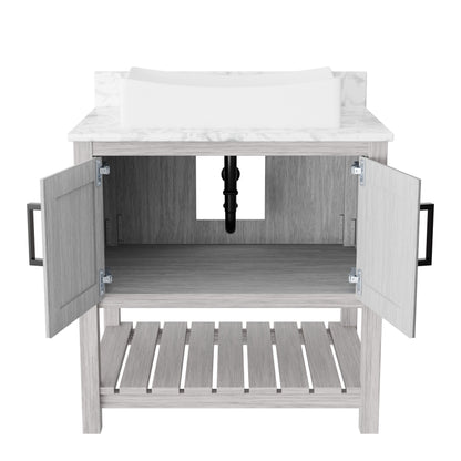 Novatto 30-inch bathroom vanity with Carrara white marble countertop and sink, modern accessory for bathroom decor.