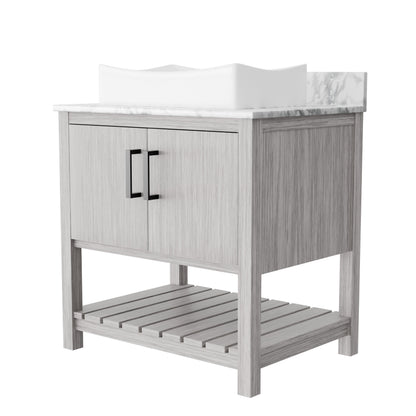 Novatto 30-inch bathroom vanity with Carrara white marble countertop and integrated sink, includes modern cabinet design.