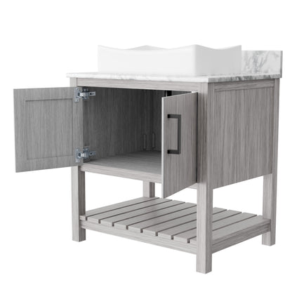 Novatto 30-inch bath vanity with Carrara white marble countertop and sink, modern bathroom accessory with elegant stone surface.