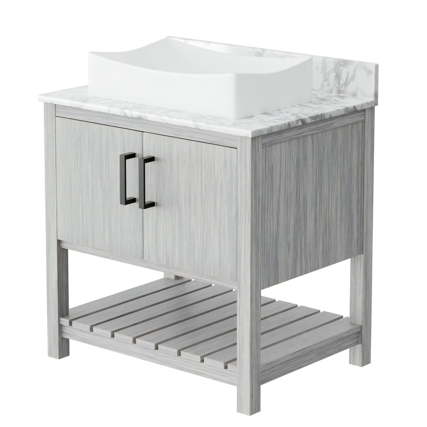 30-inch Novatto bath vanity with Carrara white marble counter and integrated sink, showcasing elegant bathroom accessory.
