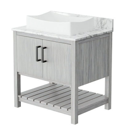 30-inch Novatto bath vanity with Carrara white marble counter and integrated sink, showcasing elegant bathroom accessory.
