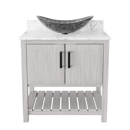 30-inch Novatto bath vanity with Carrara white marble countertop and integrated sink, modern bathroom accessory.
