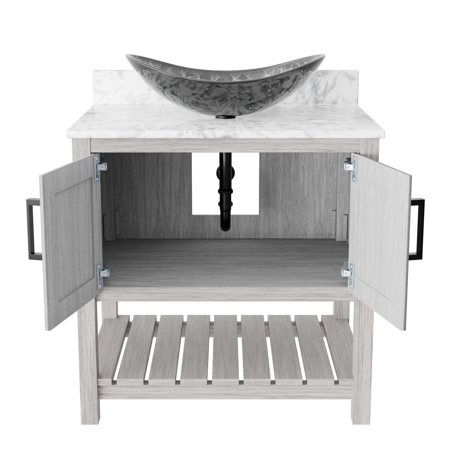 30-inch Novatto bath vanity with Carrara white marble countertop and integrated sink, showcasing elegant bathroom accessory design.