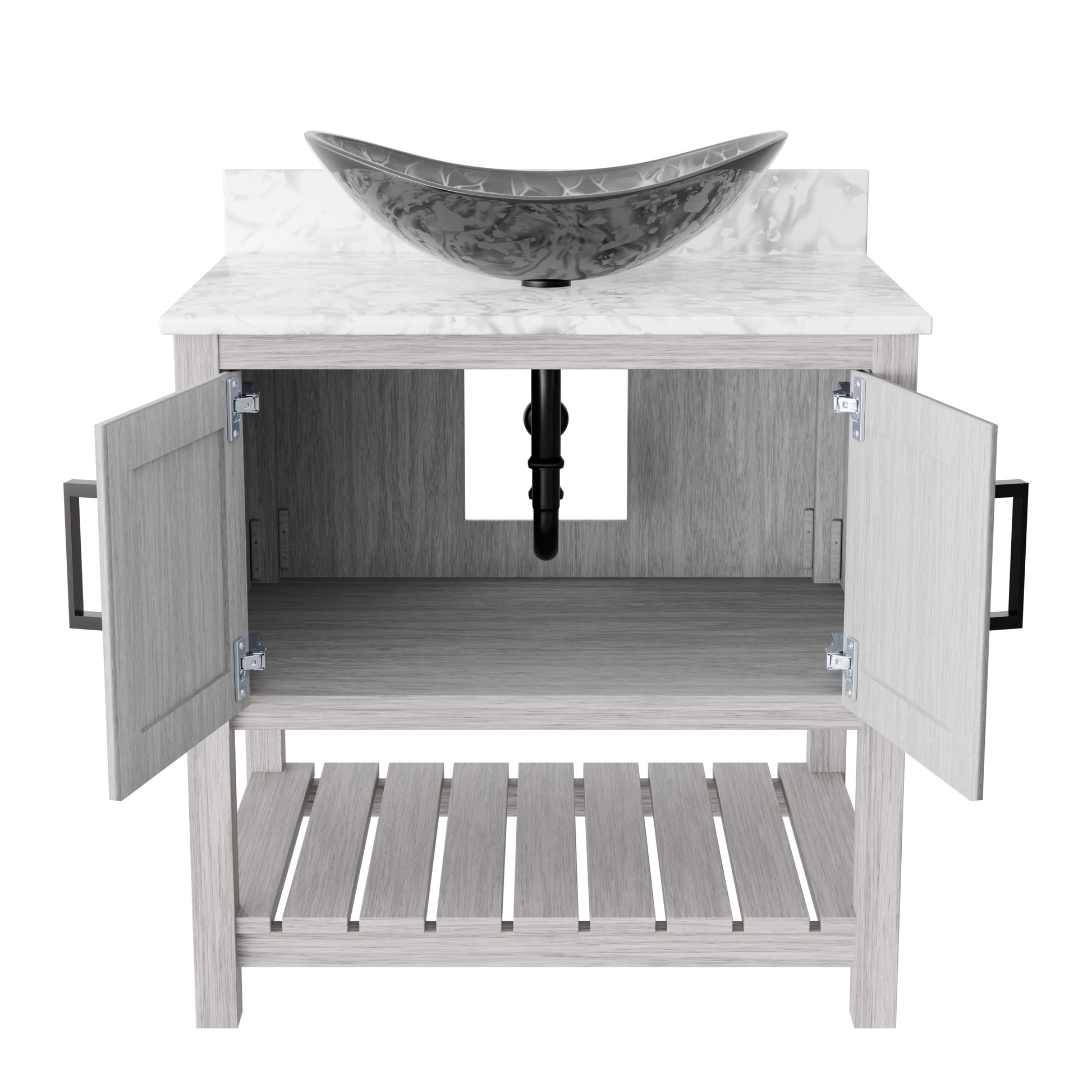 30-inch Novatto bath vanity with Carrara white marble countertop and integrated sink, showcasing elegant bathroom accessory design.