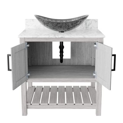 30-inch Novatto bath vanity with Carrara white marble countertop and integrated sink, showcasing elegant bathroom accessory design.