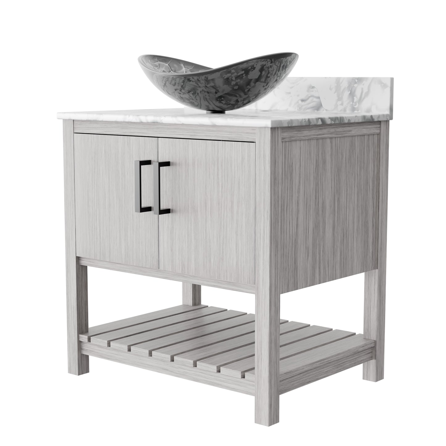 30-inch Novatto bath vanity with Carrara white marble countertop and integrated sink, modern bathroom accessory.