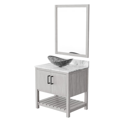30-inch Novatto bath vanity with Carrara white marble countertop and integrated sink, showcasing elegant bathroom accessory design.
