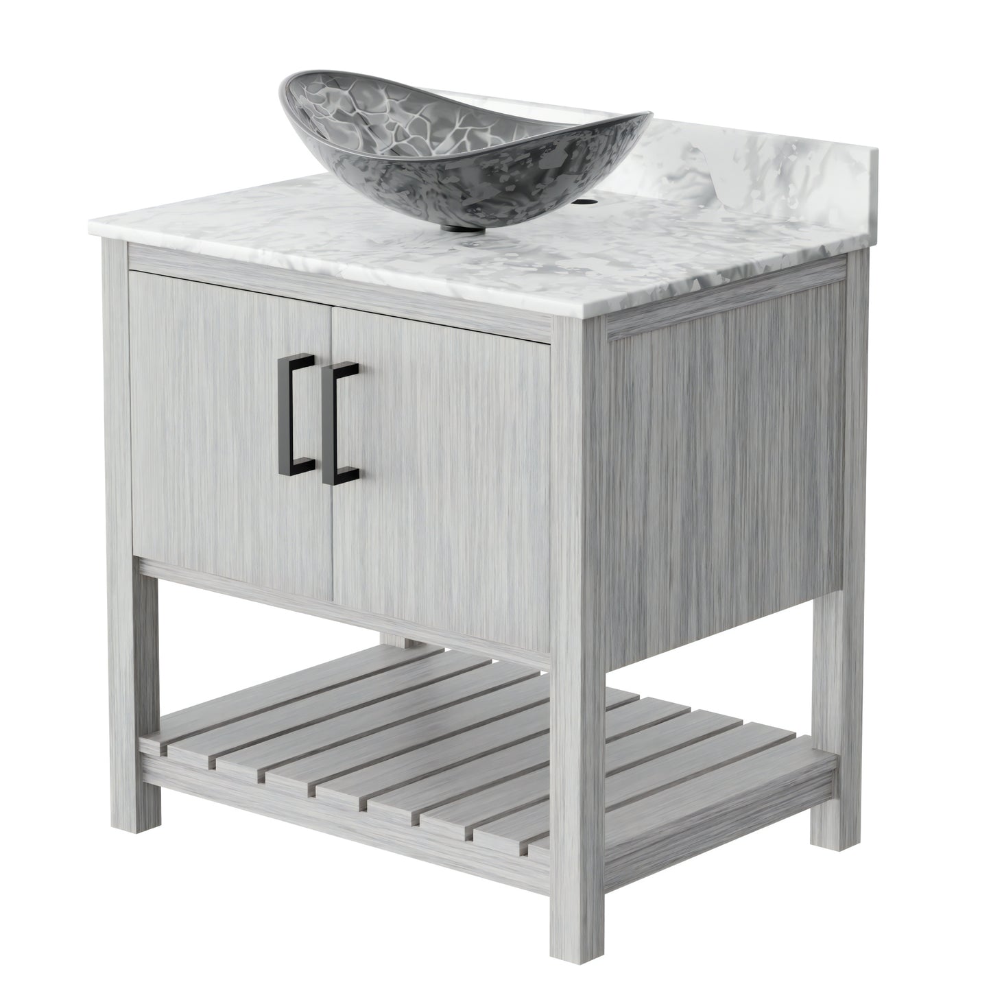 30-inch Novatto bath vanity with Carrara white marble countertop and sink, showcasing elegant bathroom accessory design.