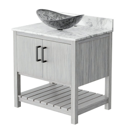 30-inch Novatto bath vanity with Carrara white marble countertop and sink, showcasing elegant bathroom accessory design.