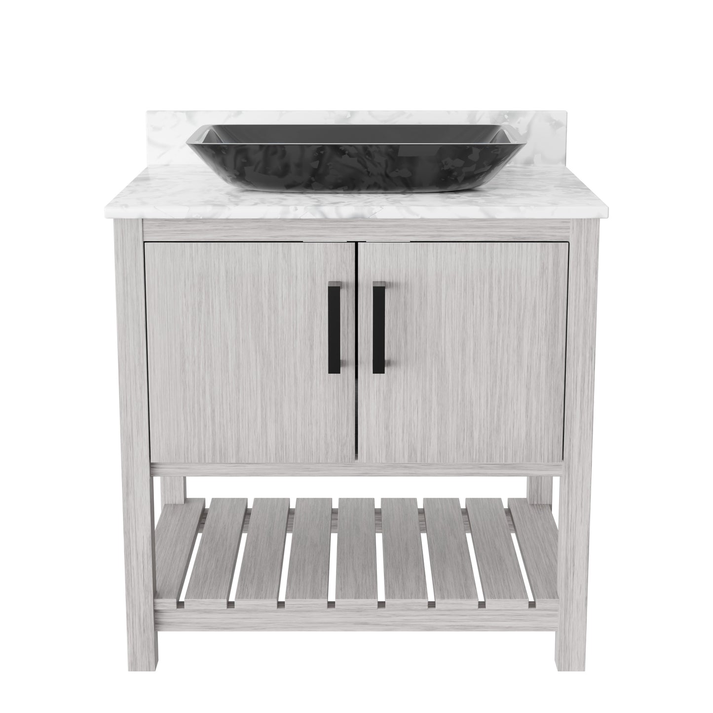 30-inch Novatto bath vanity with Carrara white marble countertop and integrated sink, showcasing elegant bathroom accessory design.