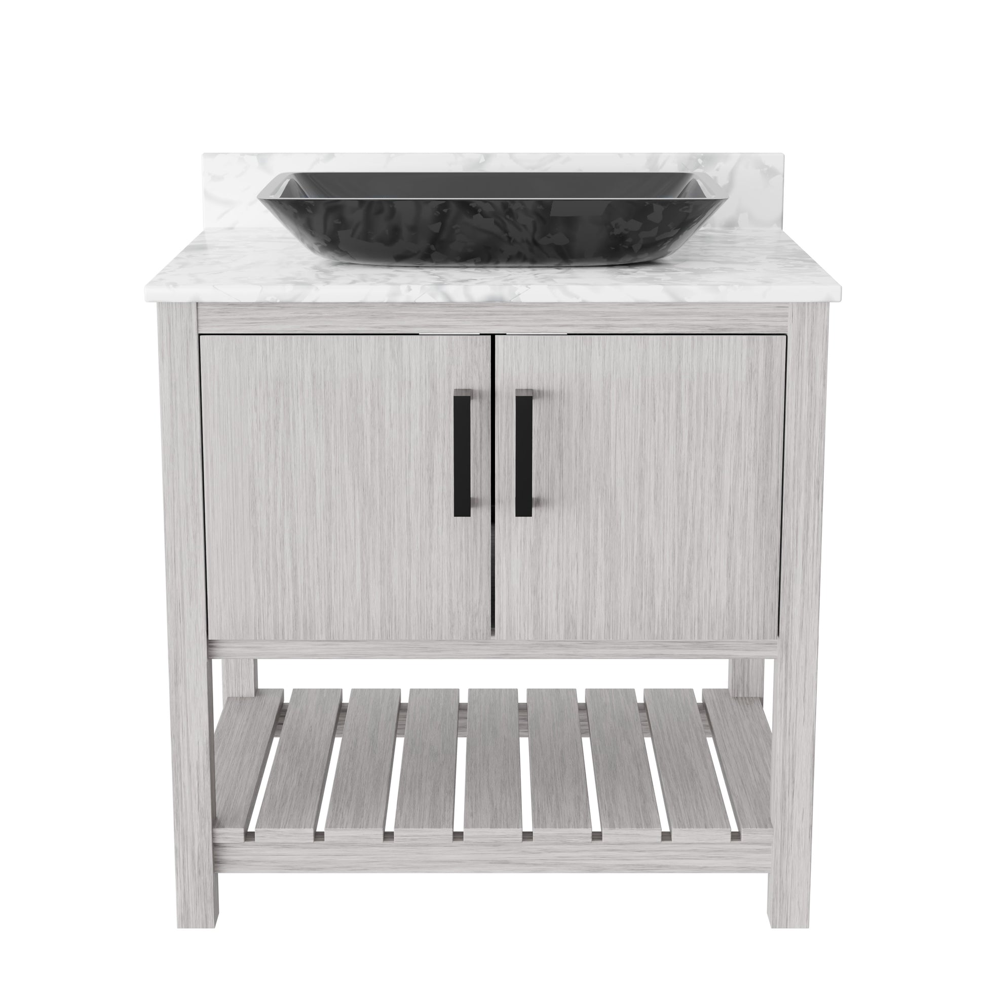 30-inch Novatto bath vanity with Carrara white marble countertop and integrated sink, showcasing elegant bathroom accessory design.