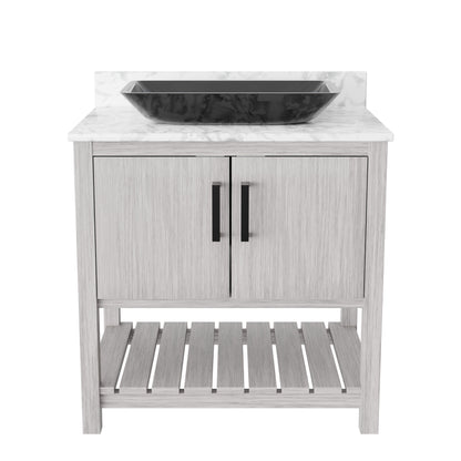 30-inch Novatto bath vanity with Carrara white marble countertop and integrated sink, showcasing elegant bathroom accessory design.