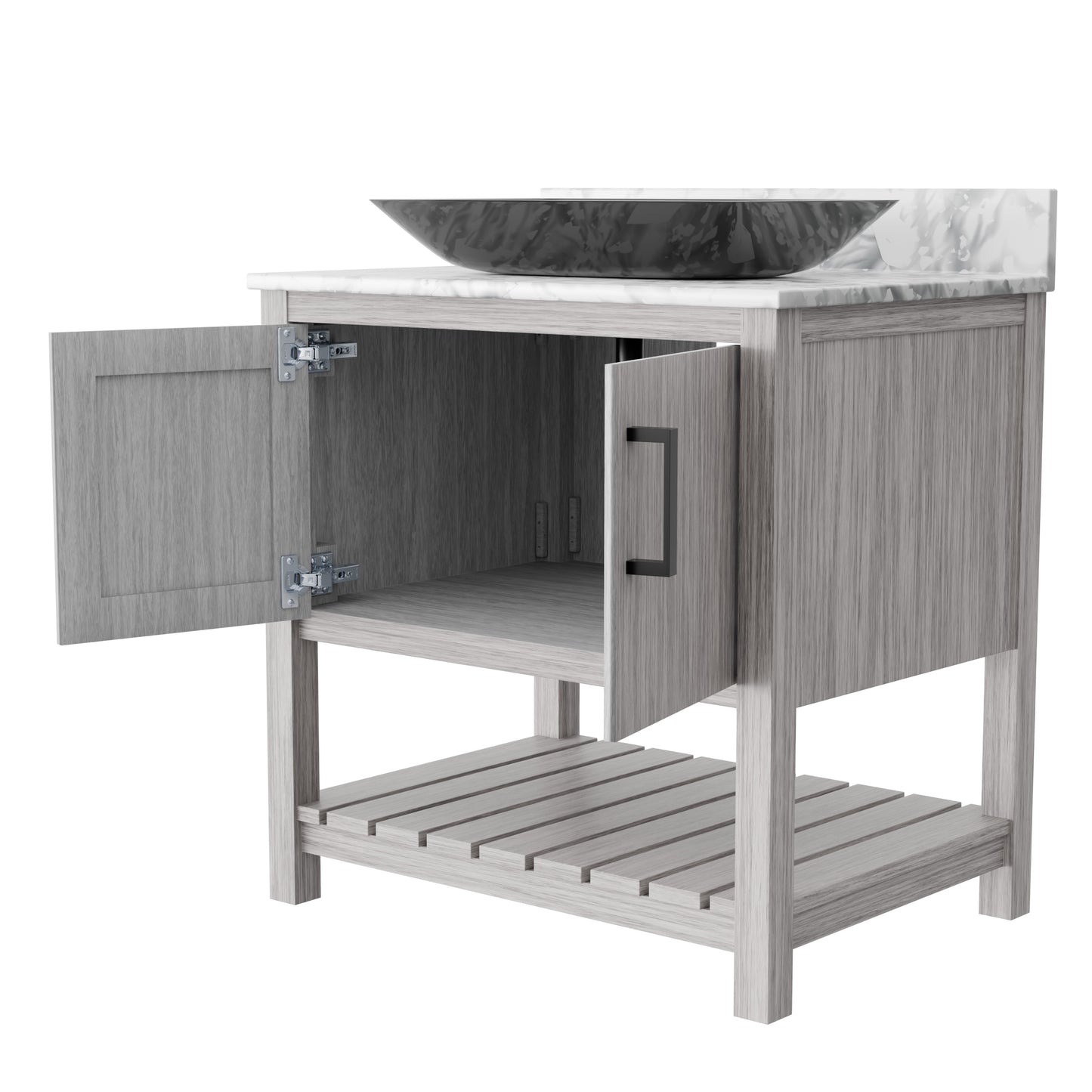 30-inch Novatto bath vanity with Carrara white marble countertop and integrated sink, showcasing elegant bathroom accessory design.