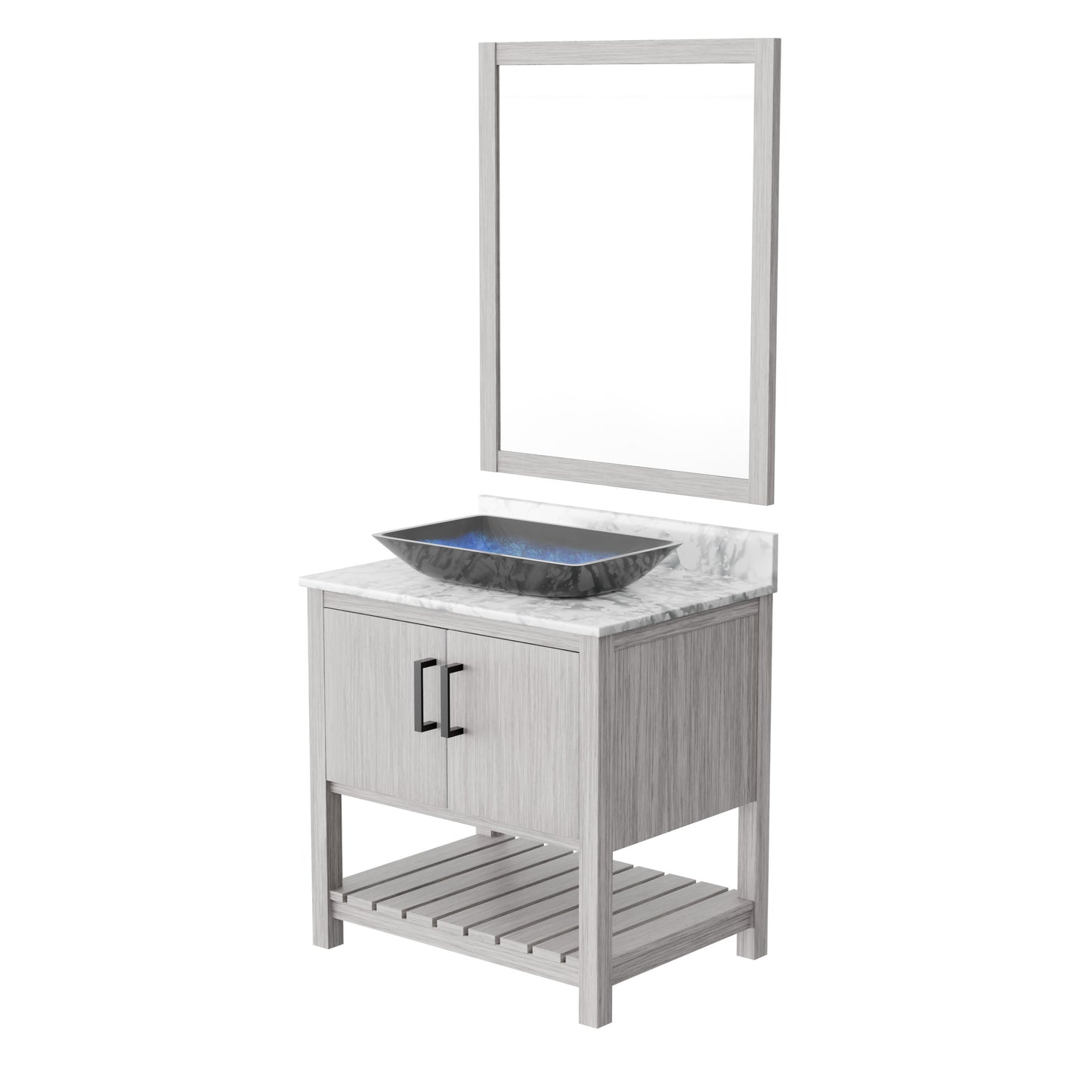 30-inch Novatto bath vanity with Carrara white marble countertop and sink, showcasing elegant bathroom accessory design.