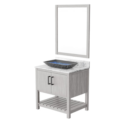30-inch Novatto bath vanity with Carrara white marble countertop and sink, showcasing elegant bathroom accessory design.