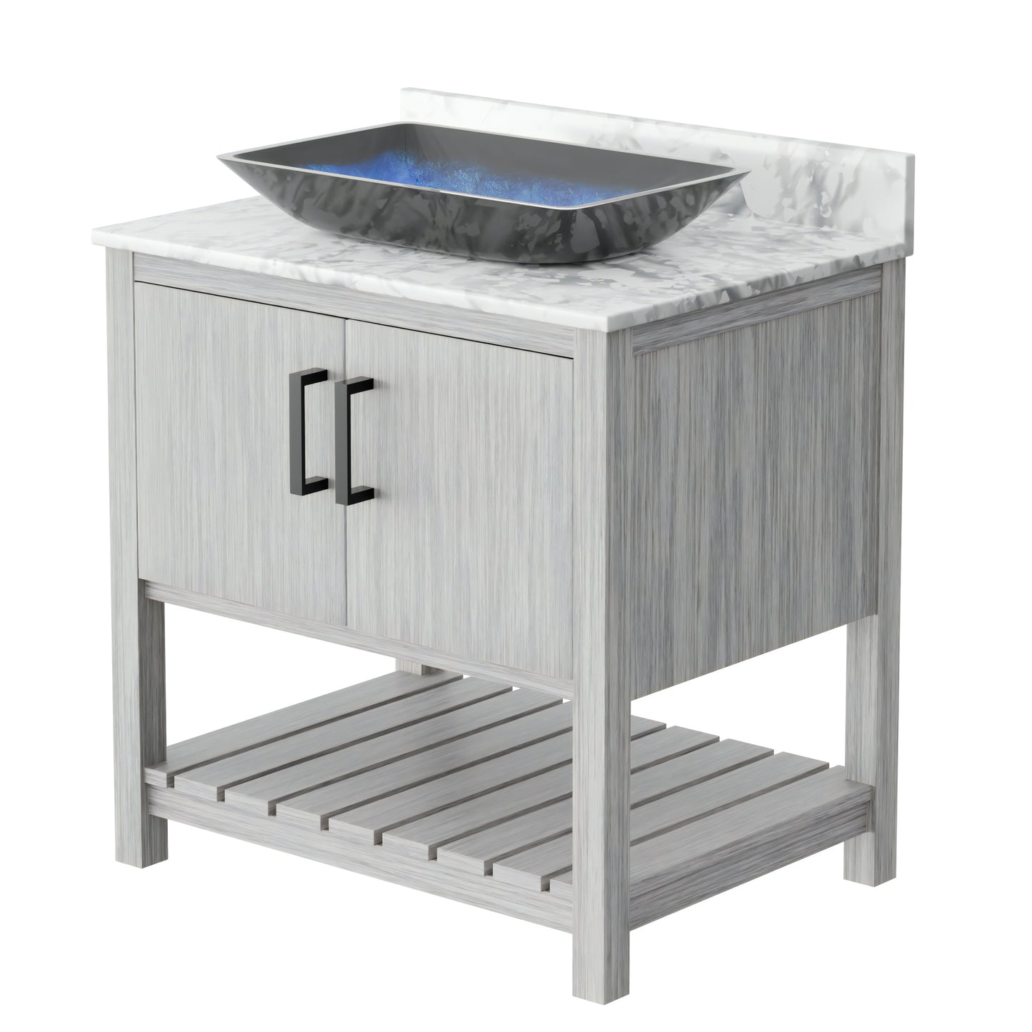 Novatto 30-inch bath vanity with Carrara white marble counter and integrated sink, featuring modern bathroom accessory design.