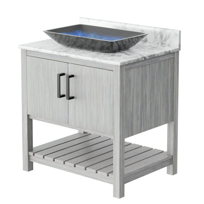Novatto 30-inch bath vanity with Carrara white marble counter and integrated sink, featuring modern bathroom accessory design.