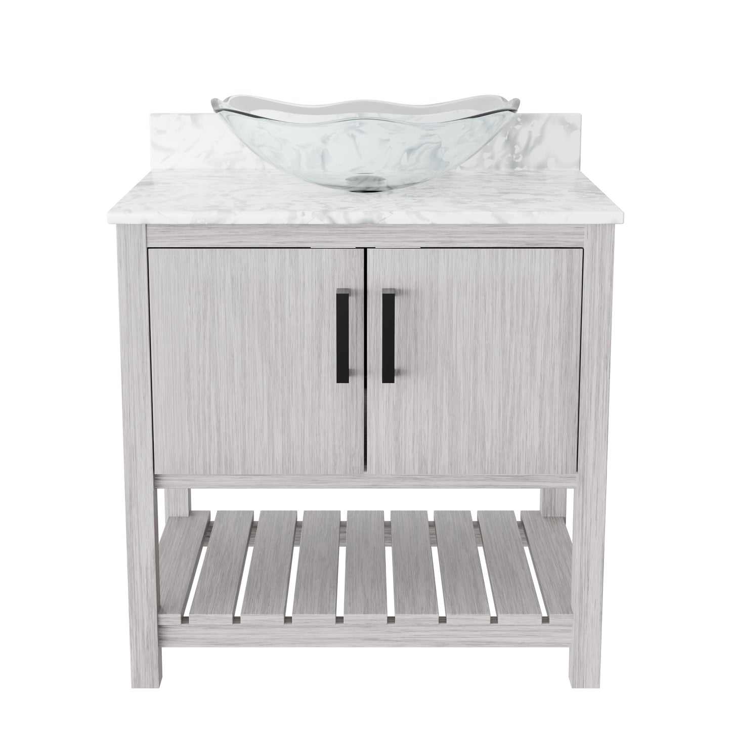 30-inch Novatto bath vanity with Carrara white marble countertop and integrated sink, showcasing elegant bathroom accessory design.