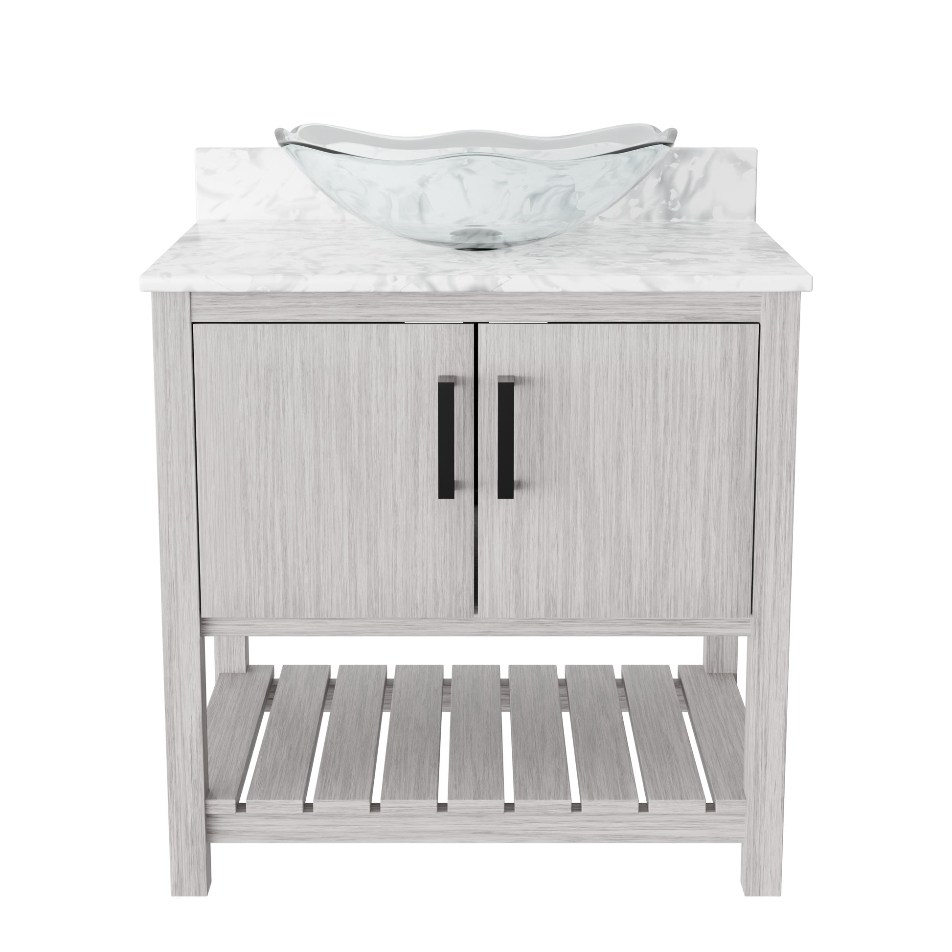 30-inch Novatto bath vanity with Carrara white marble countertop and integrated sink, showcasing elegant bathroom accessory design.