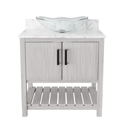 30-inch Novatto bath vanity with Carrara white marble countertop and integrated sink, showcasing elegant bathroom accessory design.