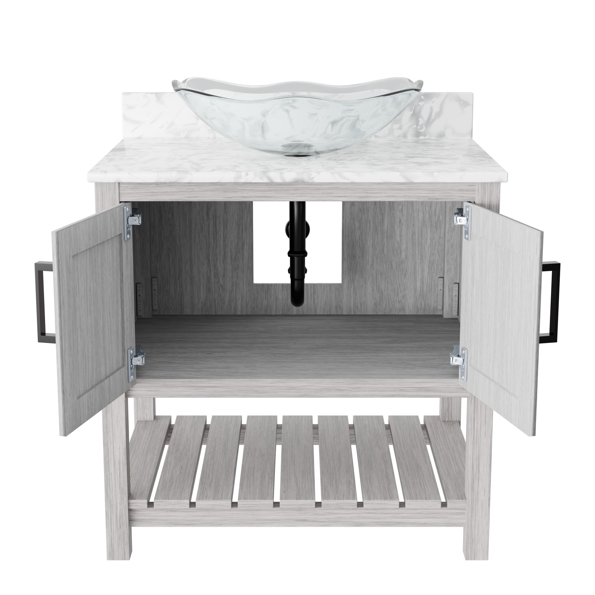 30-inch Novatto bath vanity with Carrara white marble countertop and integrated sink, showcasing modern bathroom accessory design.