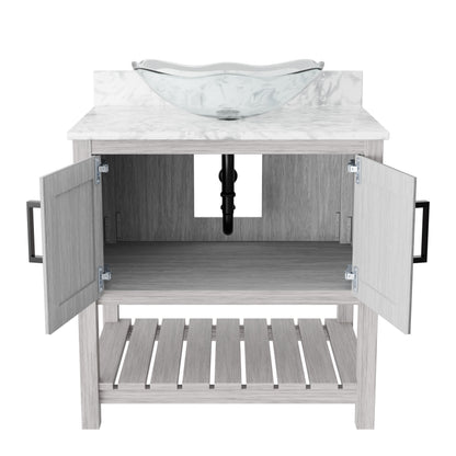 30-inch Novatto bath vanity with Carrara white marble countertop and integrated sink, showcasing modern bathroom accessory design.