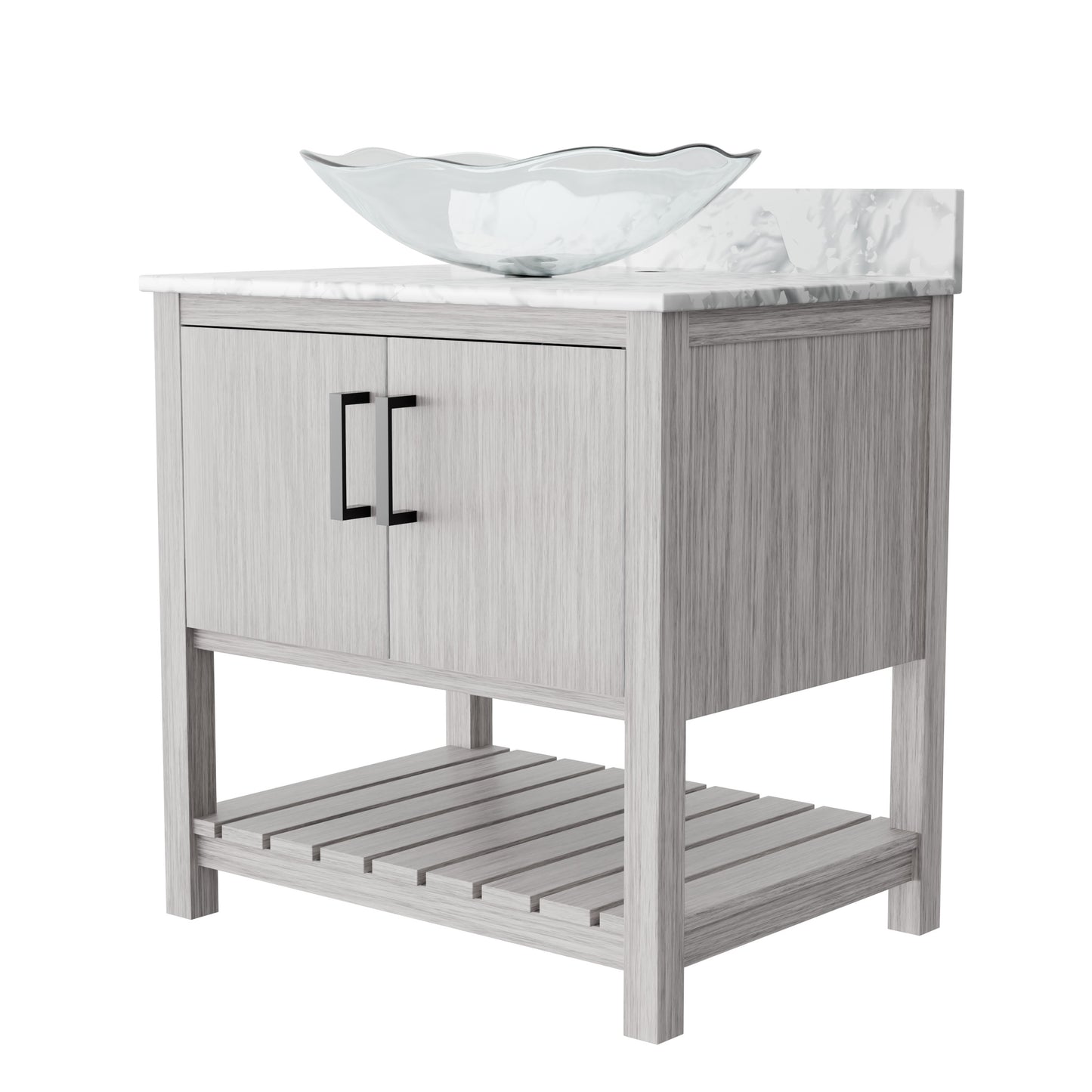 30-inch Novatto bath vanity with Carrara white marble counter and integrated sink, showcasing elegant bathroom accessory design.