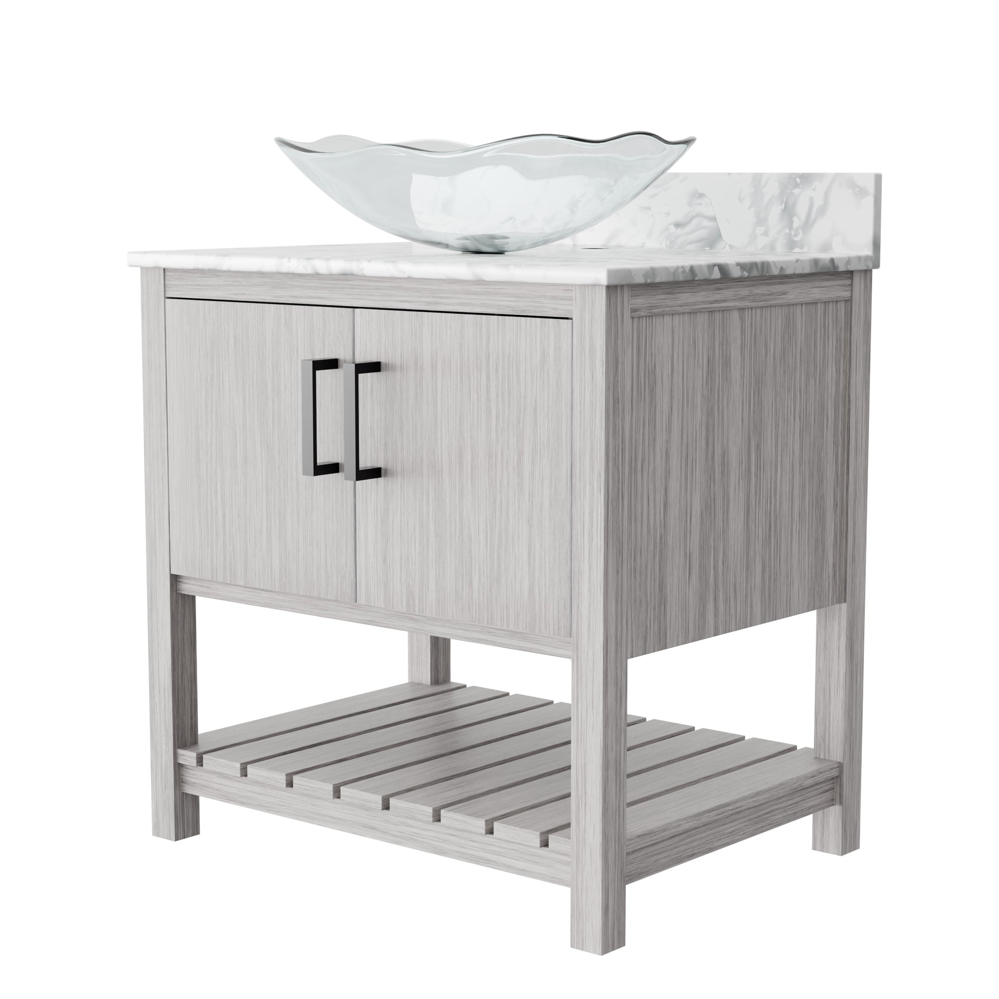30-inch Novatto bath vanity with Carrara white marble counter and integrated sink, showcasing elegant bathroom accessory design.