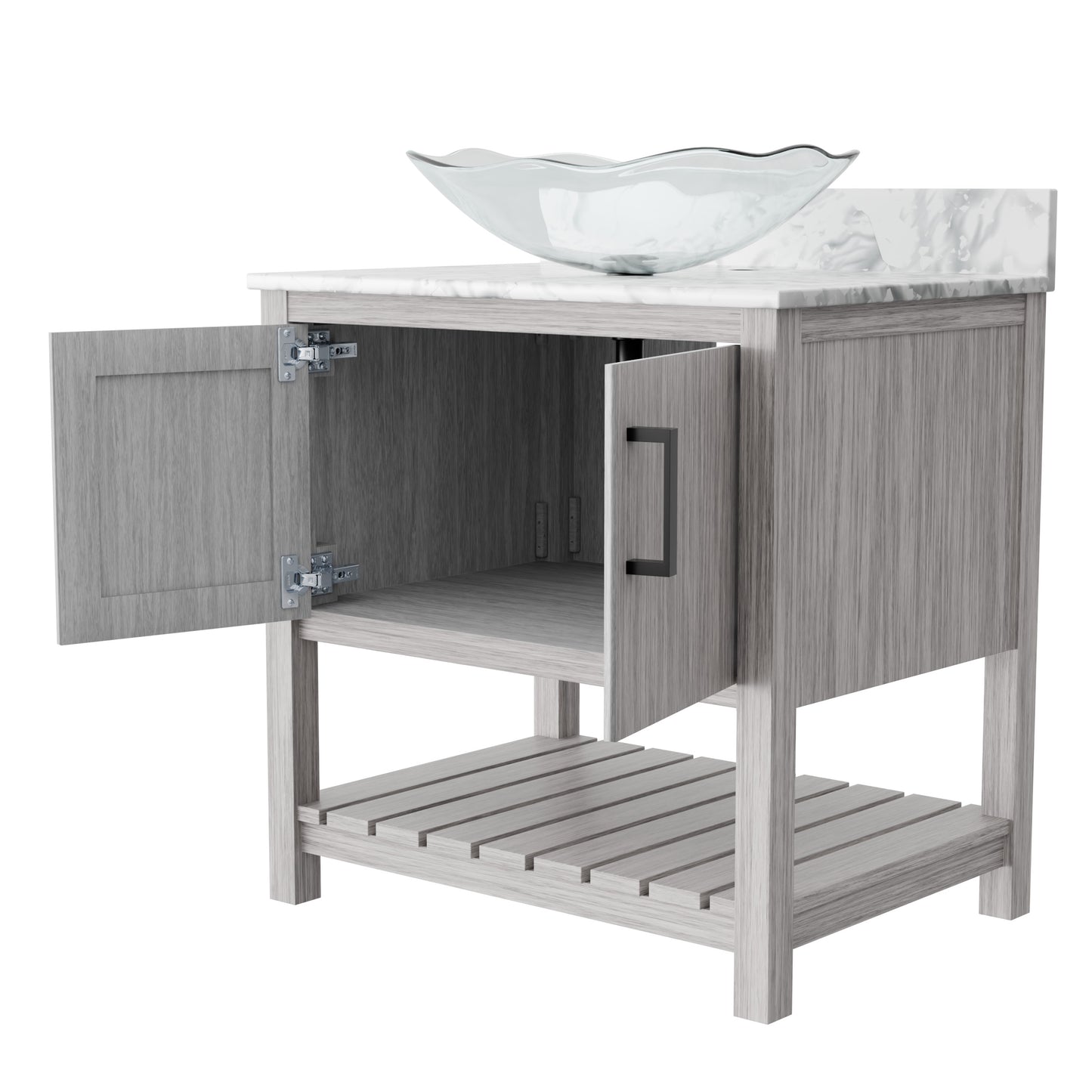 30-inch Novatto bath vanity with Carrara white marble countertop and sink, showcasing elegant bathroom accessory design.