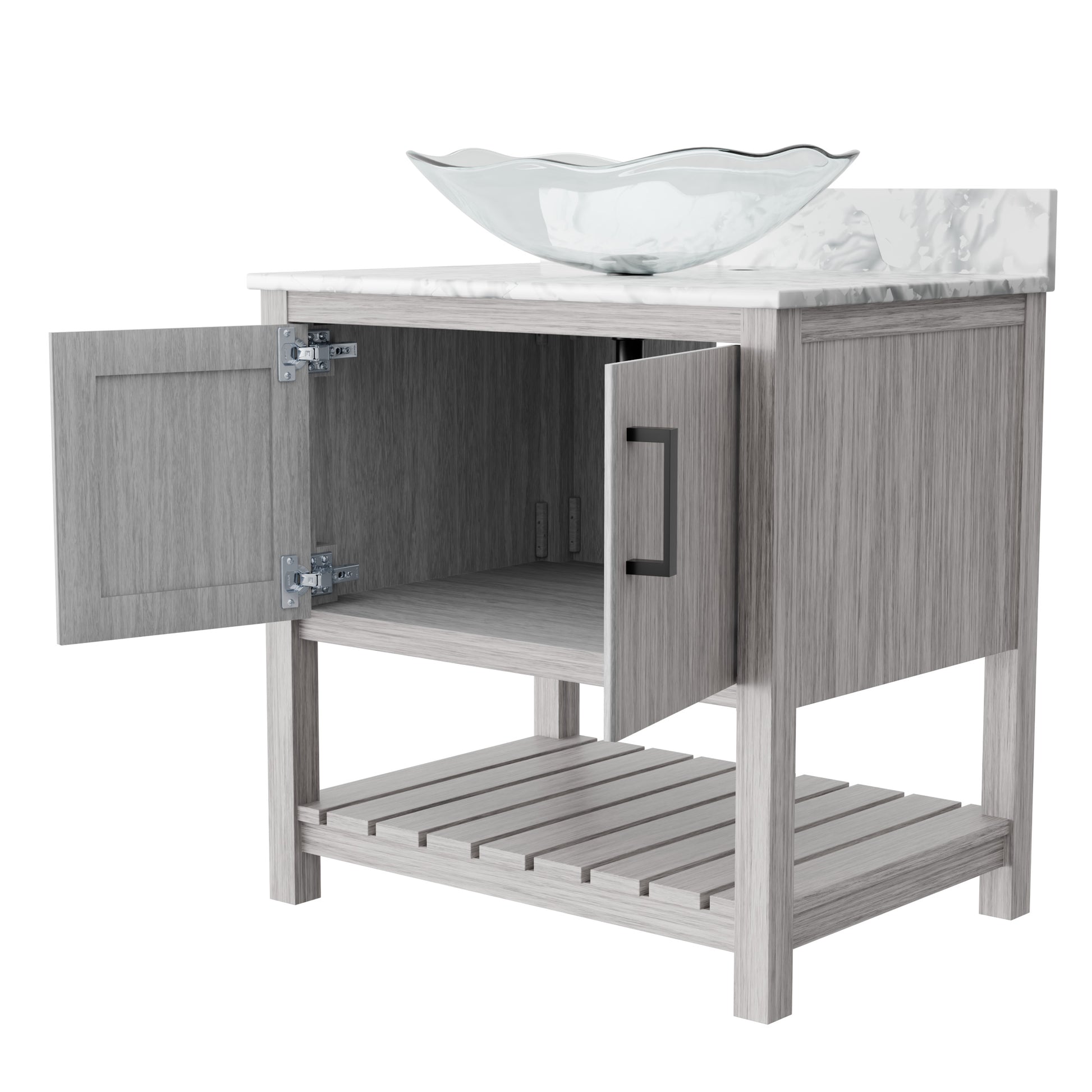 30-inch Novatto bath vanity with Carrara white marble countertop and sink, showcasing elegant bathroom accessory design.