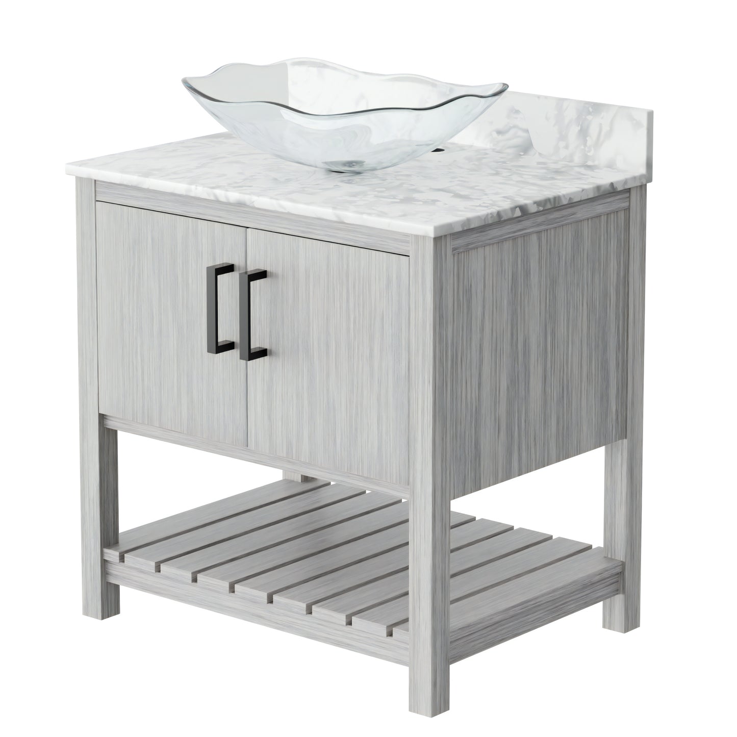Novatto 30-inch bath vanity with Carrara white marble counter and sink, showcasing elegant bathroom accessory design.