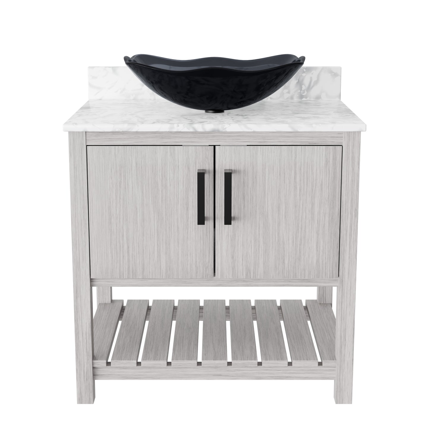 30-inch Novatto bath vanity with Carrara white marble countertop and integrated sink, showcasing elegant bathroom accessory design.