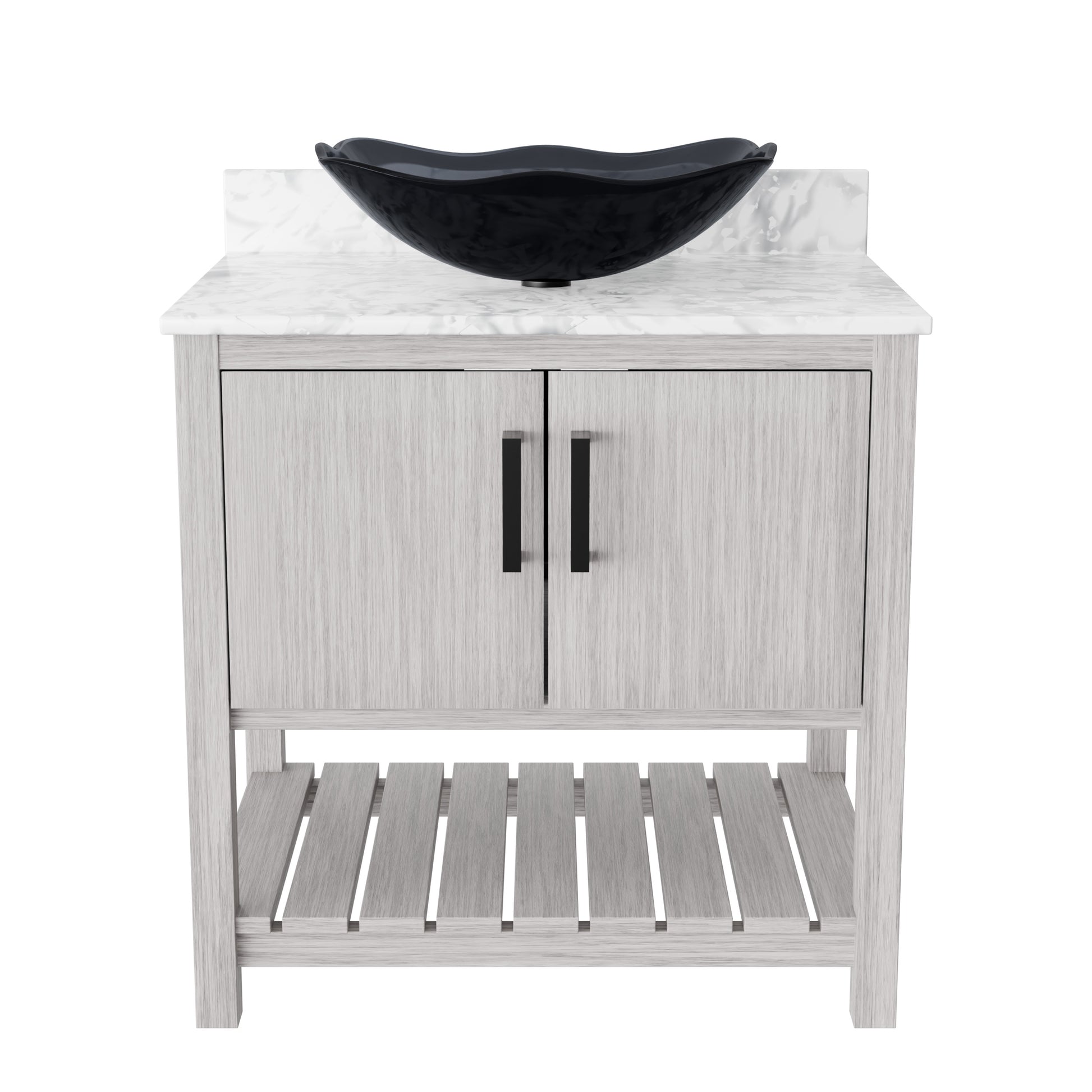 30-inch Novatto bath vanity with Carrara white marble countertop and integrated sink, showcasing elegant bathroom accessory design.