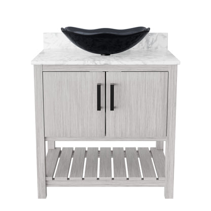 30-inch Novatto bath vanity with Carrara white marble countertop and integrated sink, showcasing elegant bathroom accessory design.