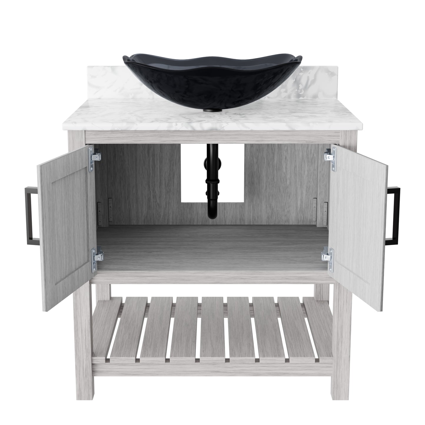 Novatto 30-inch bath vanity with Carrara white marble countertop and sink, featuring modern design and elegant white finish.