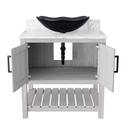 Novatto 30-inch bath vanity with Carrara white marble countertop and sink, featuring modern design and elegant white finish.