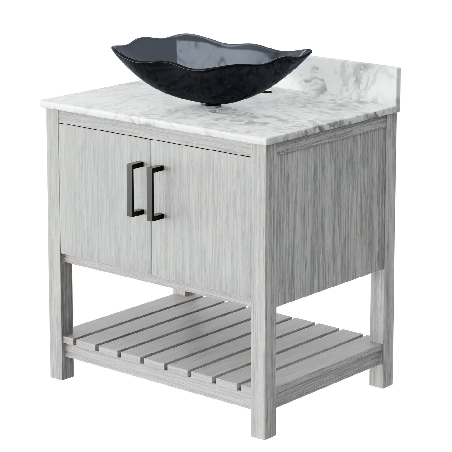 30-inch Novatto bath vanity with Carrara white marble counter and sink, showcasing elegant bathroom accessory design.
