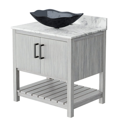 30-inch Novatto bath vanity with Carrara white marble counter and sink, showcasing elegant bathroom accessory design.