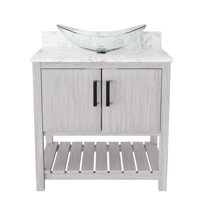 30-inch Novatto bath vanity with Carrara white marble counter and sink, featuring modern design and elegant finish.