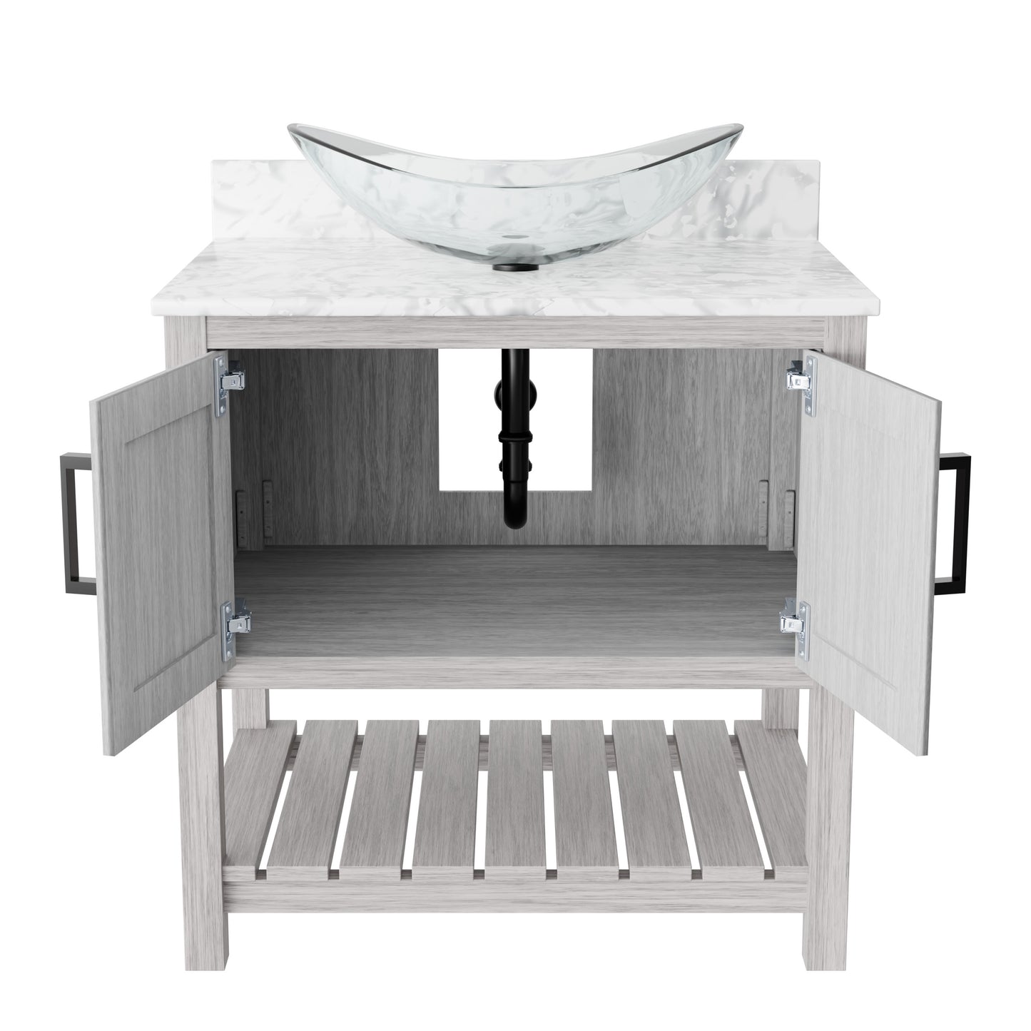 30-inch Novatto bath vanity with Carrara white marble counter and integrated sink, showcasing sleek bathroom accessory design.