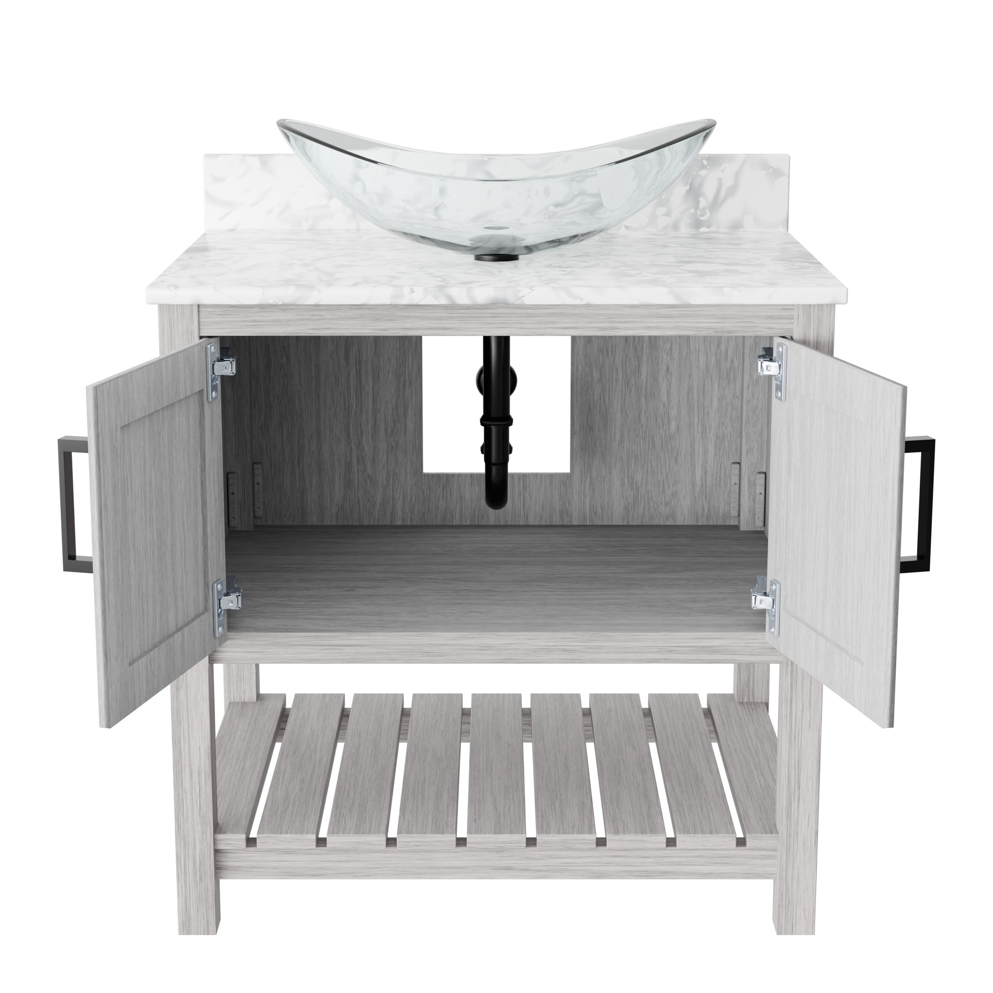 30-inch Novatto bath vanity with Carrara white marble counter and integrated sink, showcasing sleek bathroom accessory design.