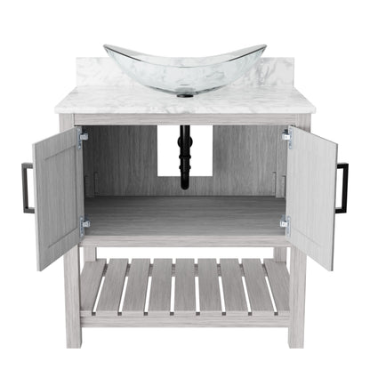 30-inch Novatto bath vanity with Carrara white marble counter and integrated sink, showcasing sleek bathroom accessory design.