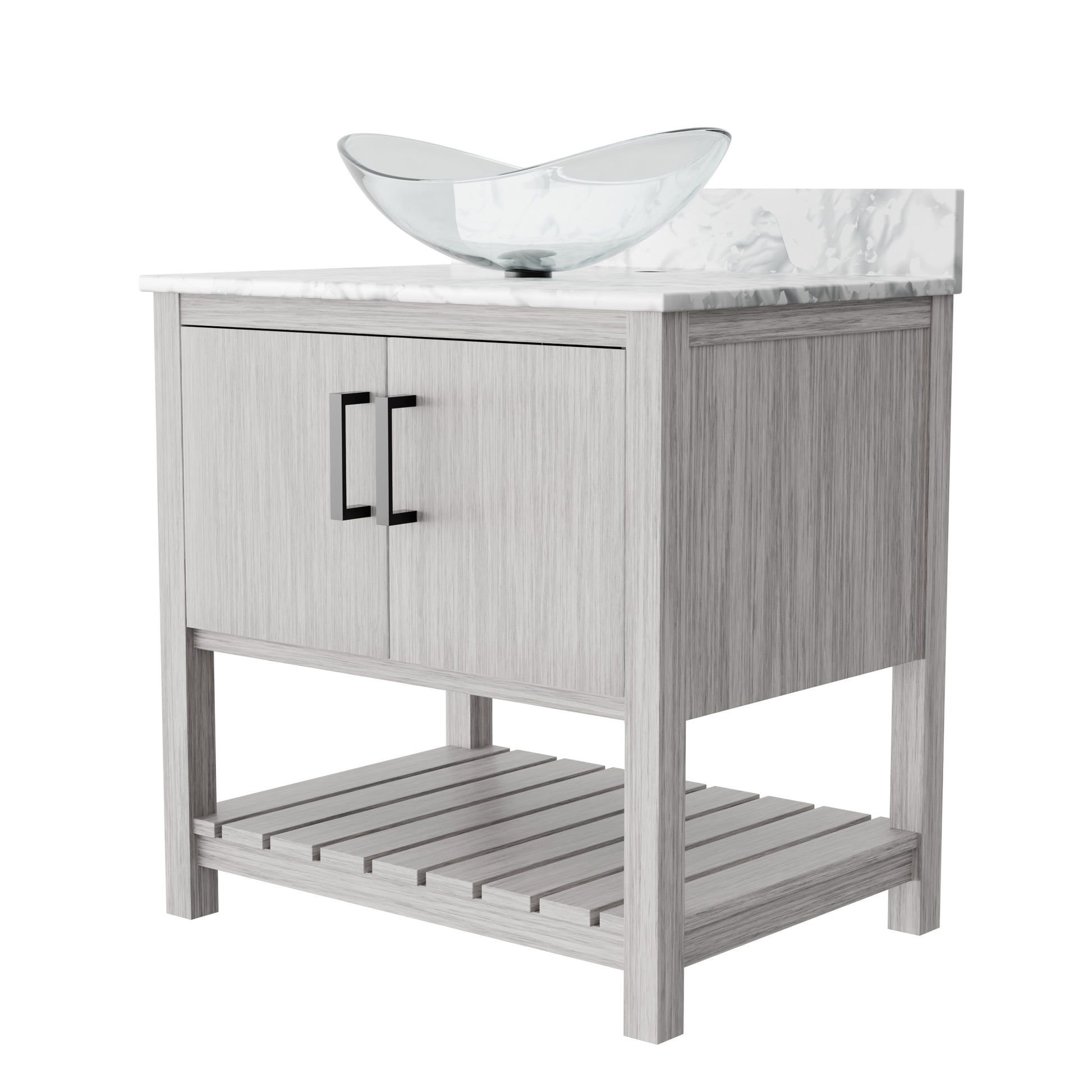 Novatto 30-inch bathroom vanity with Carrara white marble counter and sink, showcasing elegant bathroom accessory design.