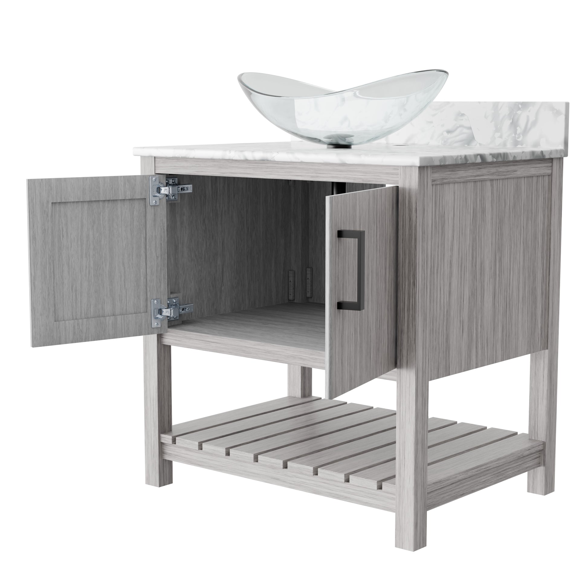 30-inch Novatto bath vanity with Carrara white marble countertop and integrated sink, showcasing elegant bathroom accessory design.