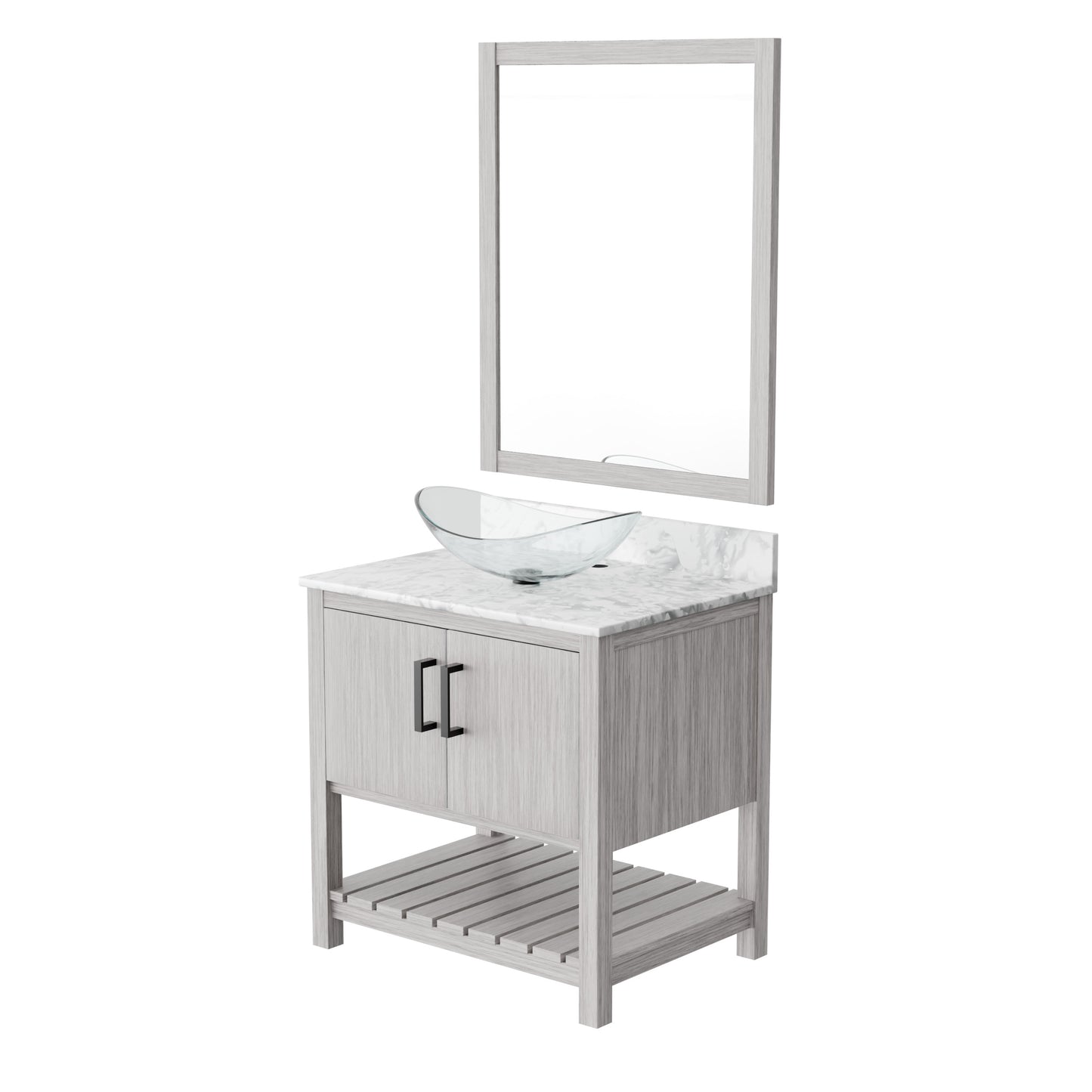 30-inch Novatto bath vanity with Carrara white marble countertop and integrated sink, showcasing elegant bathroom accessory design.