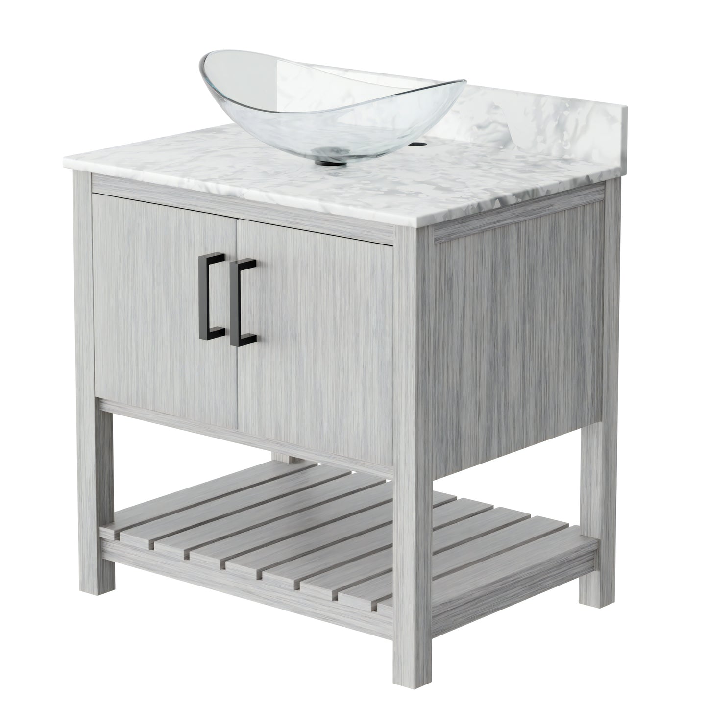 30-inch Novatto bath vanity with Carrara white marble counter and integrated sink, showcasing elegant bathroom accessory design.